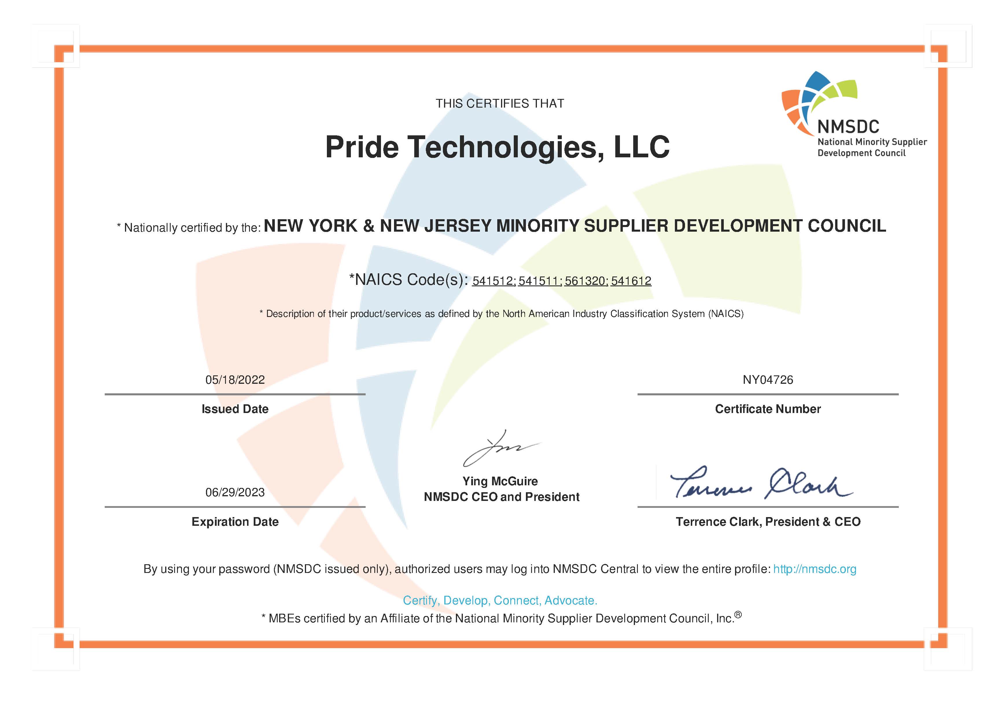 Certification of Pride Technologies